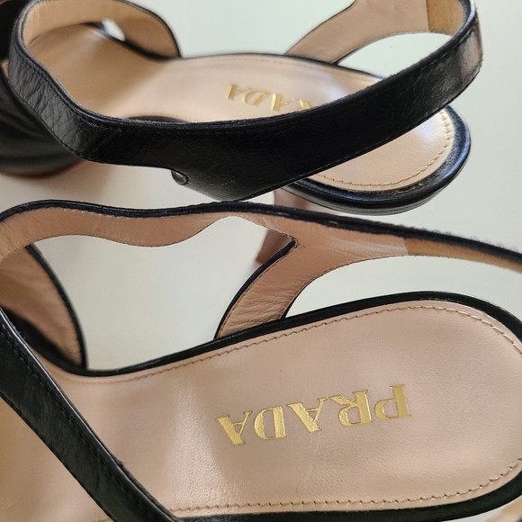 PRADA Black Leather Platform Stacked Wood Heel With Gold Buckle Ankle Strap 36 - Picture 4 of 12